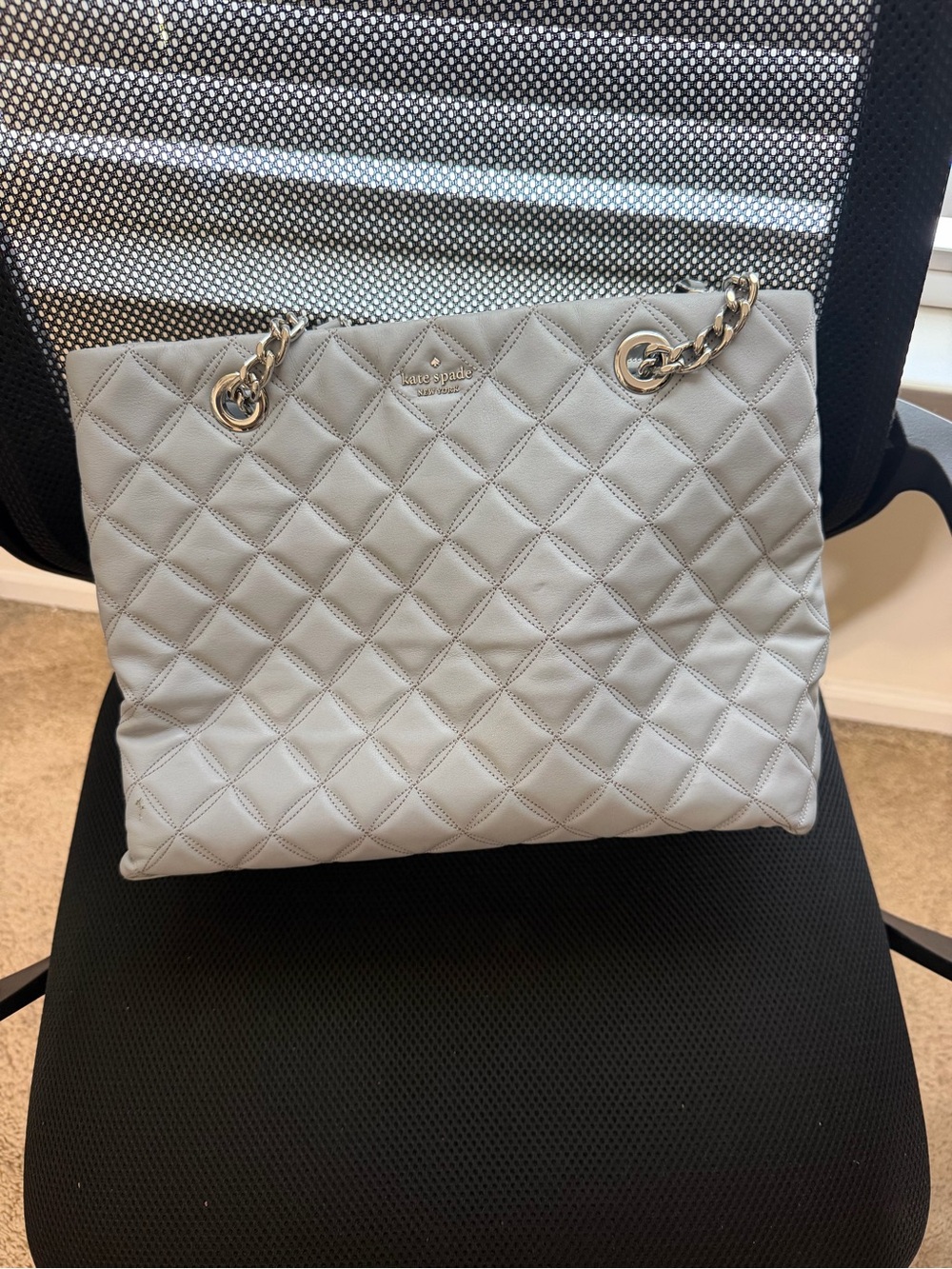 kate spade Quilted Leather Chain-Handle Tote in Light Gray